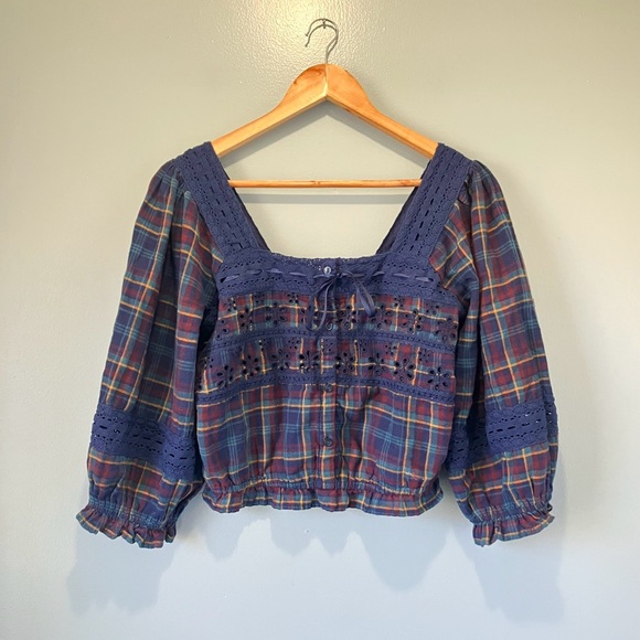 American Eagle Plaid Peasant Top Cropped Square Neck Blouse Small - Picture 3 of 10